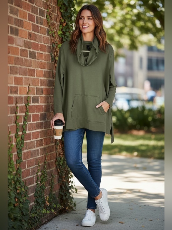 Focus Casual Life Tops - Focus Casual Life popover cowl neck kangaroo pocket long sleeve top Sz M Green